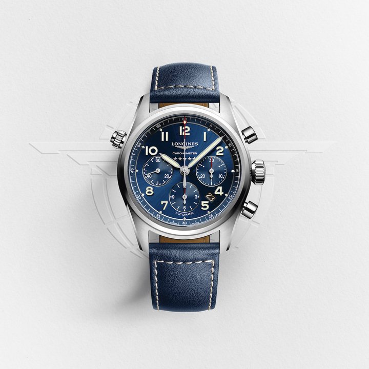 The Longines Spirit ref. L3.820.4.93.0 (42 mm) houses a COSC-certified column-wheel chronograph movement (L688.4) with silicon hairspring.